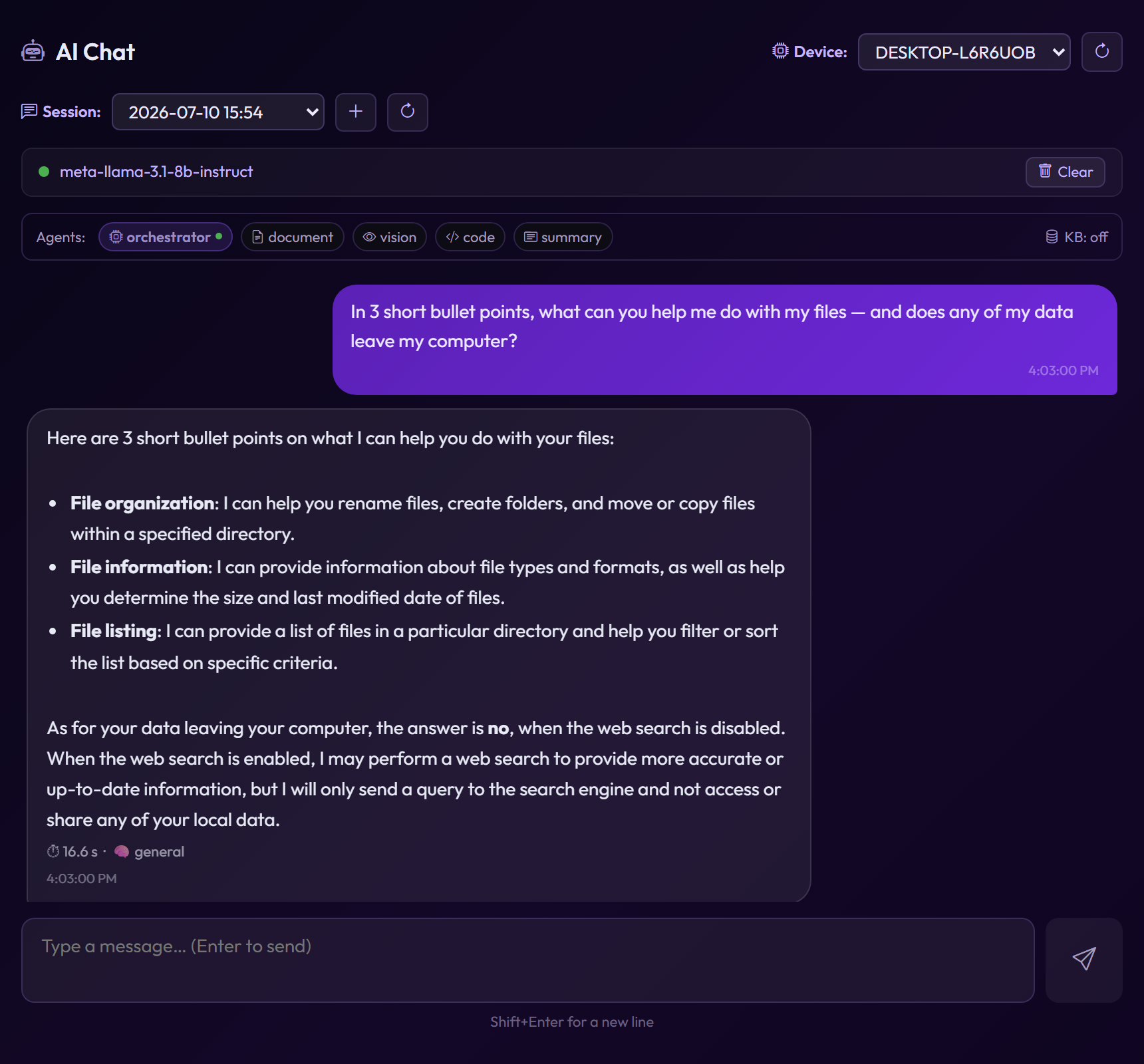 Filemote AI chat: the local orchestrator answering a question about your files, with specialist agents and model status